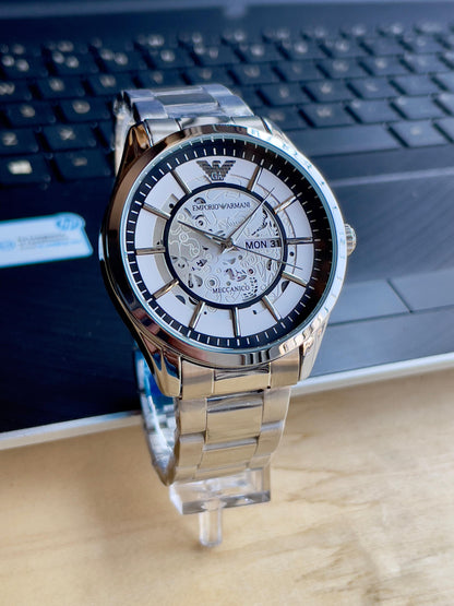 Emporio Armani date-day quartz skeleton dial